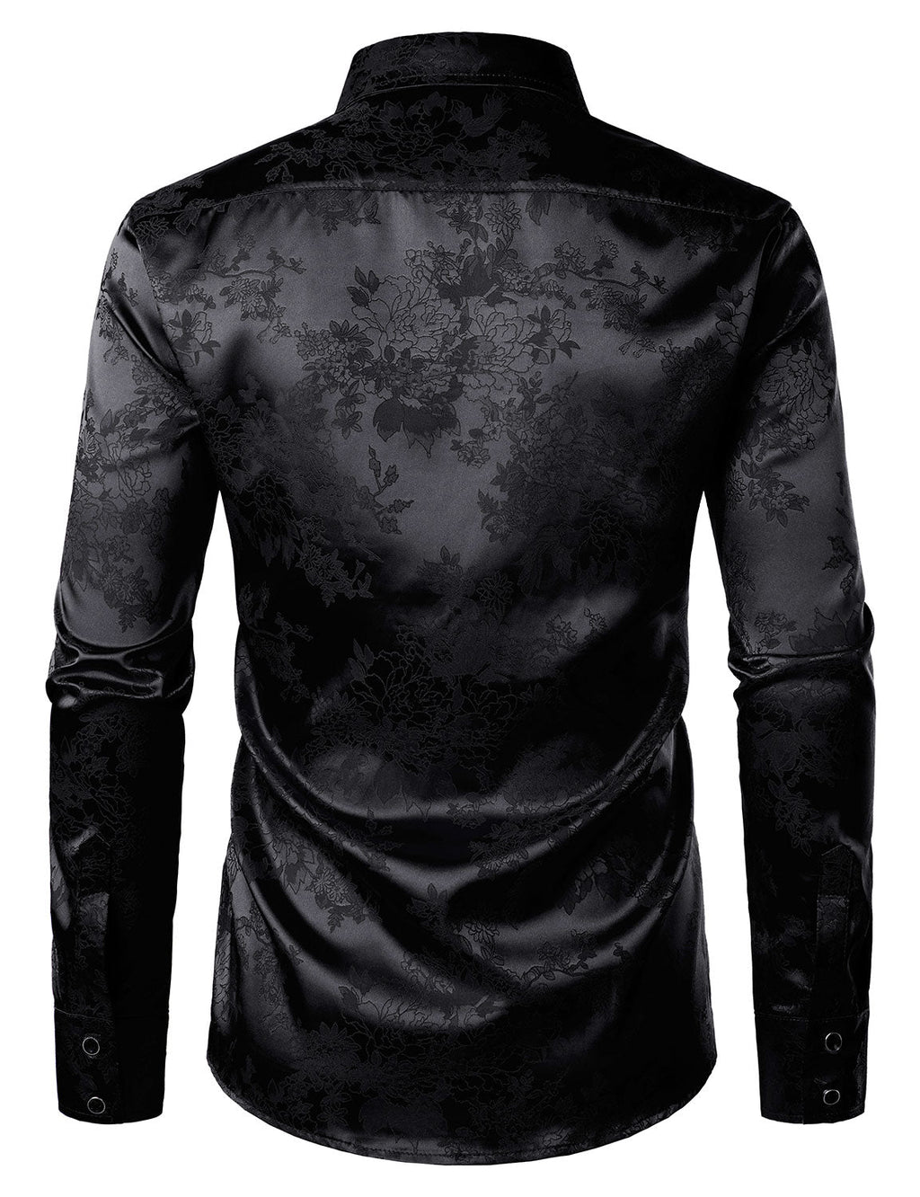 Chemise boutonnée à manches longues en satin brillant et jacquard floral noir pour homme