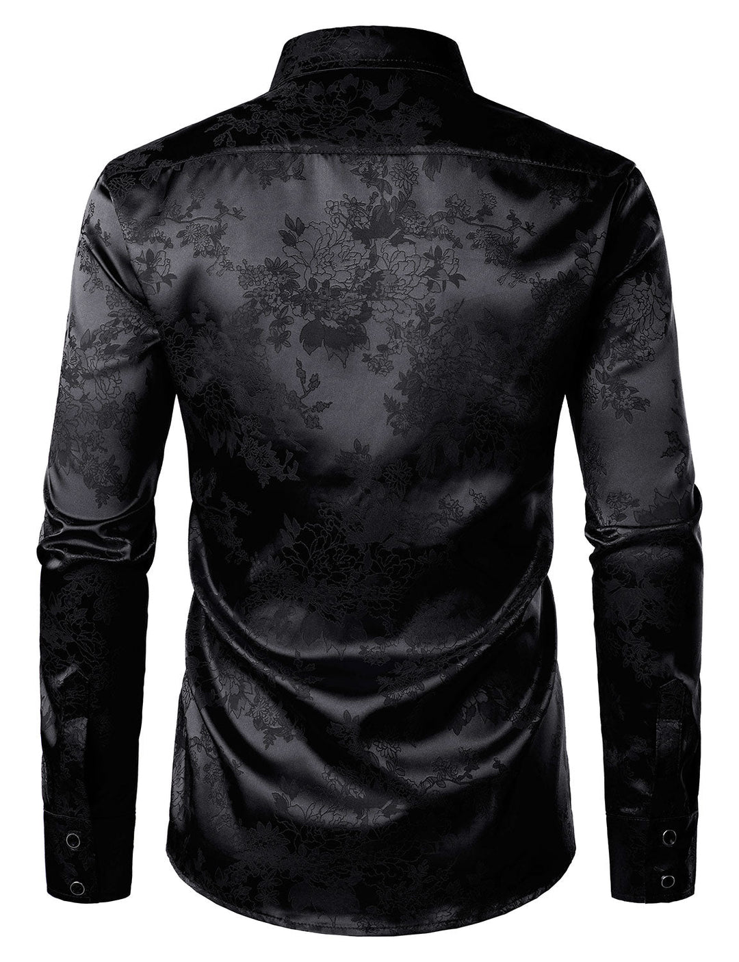 Chemise boutonnée à manches longues en satin brillant et jacquard floral noir pour homme