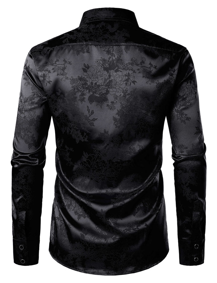 Chemise boutonnée à manches longues en satin brillant et jacquard floral noir pour homme