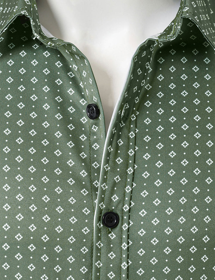 Chemise à manches longues verte à imprimé géométrique rétro pour homme