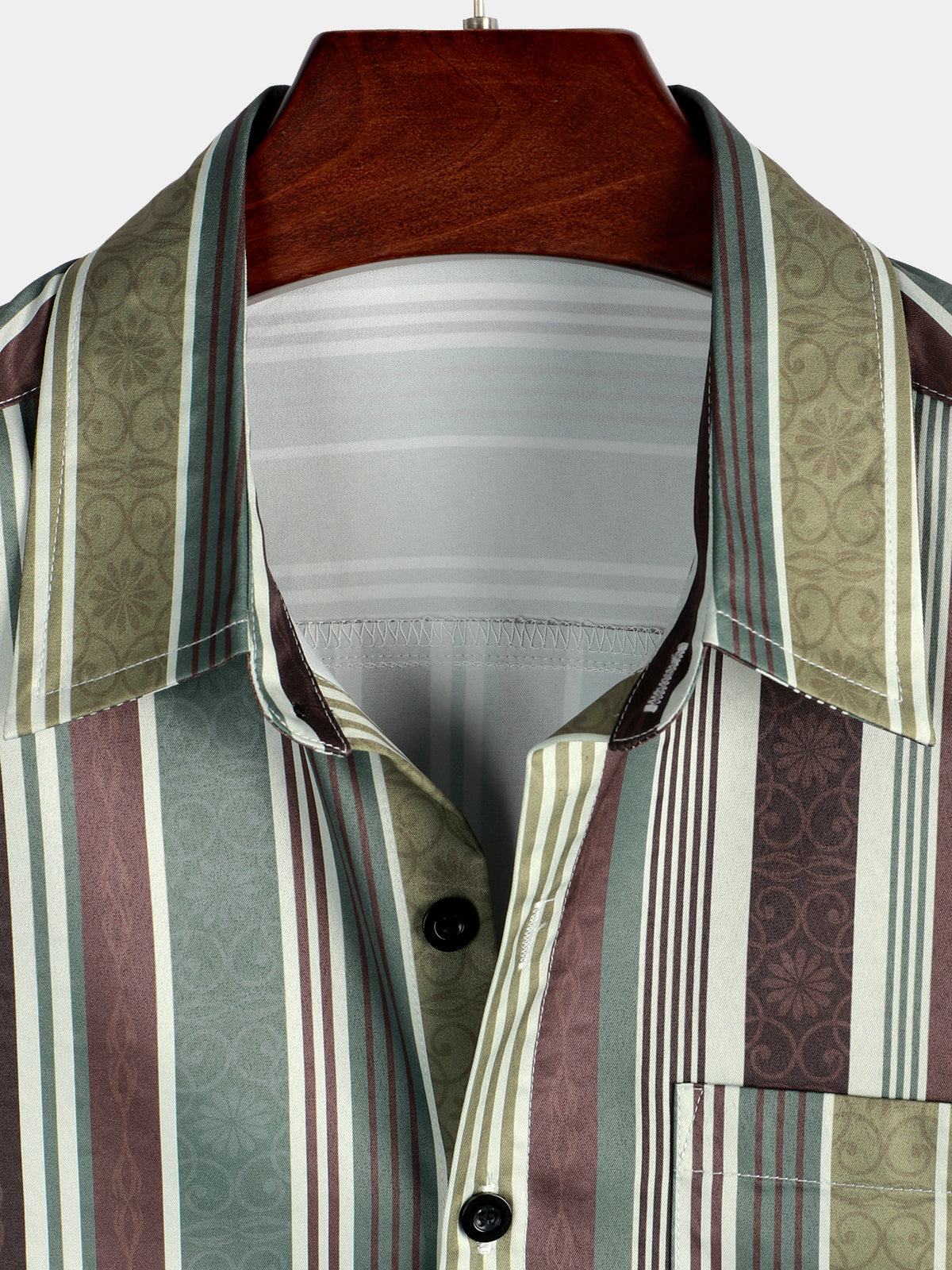 Chemise à manches courtes à rayures verticales vintage pour hommes, vert et marron, avec poche boutonnée
