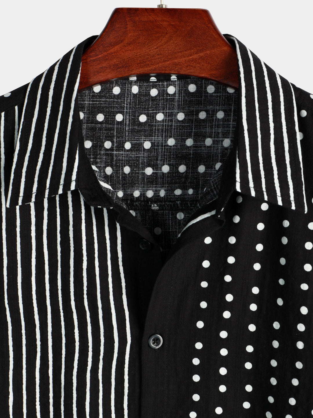 Chemise à manches courtes boutonnée rétro noire à rayures et à pois pour hommes