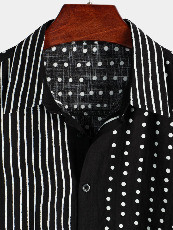 Chemise à manches courtes boutonnée rétro noire à rayures et à pois pour hommes