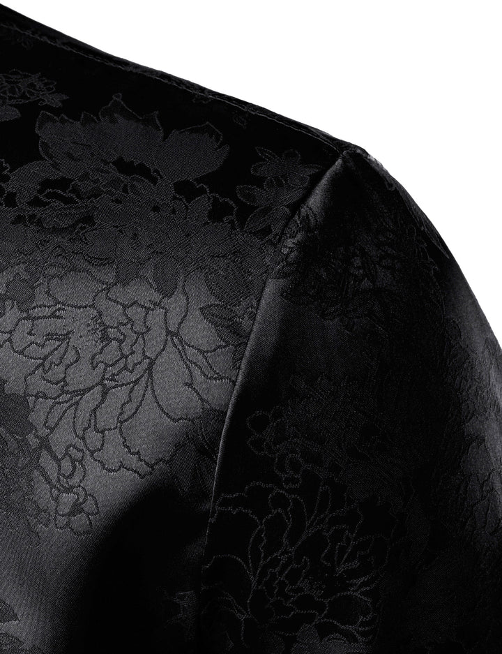 Chemise boutonnée à manches longues en satin brillant et jacquard floral noir pour homme