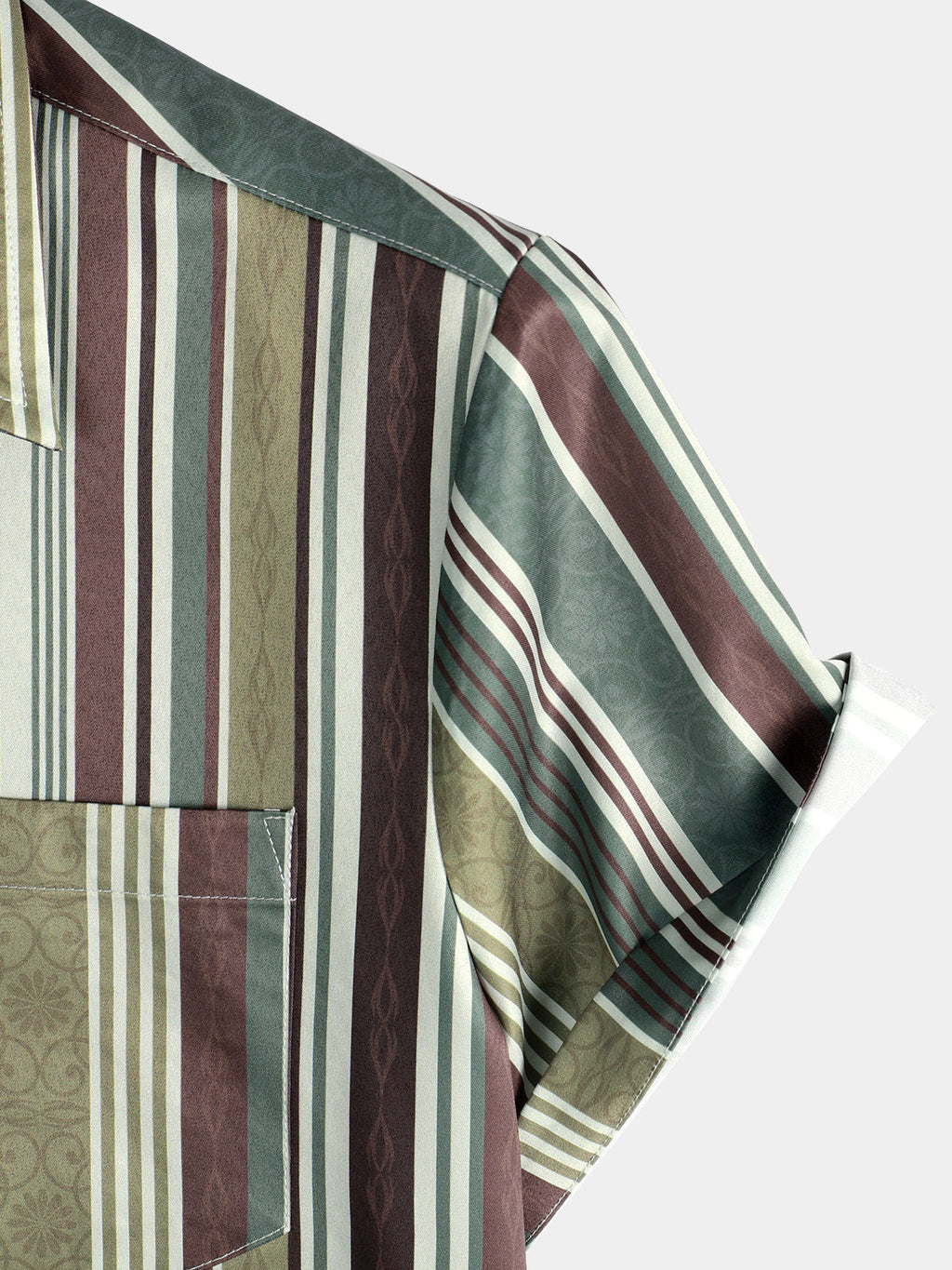 Chemise à manches courtes à rayures verticales vintage pour hommes, vert et marron, avec poche boutonnée