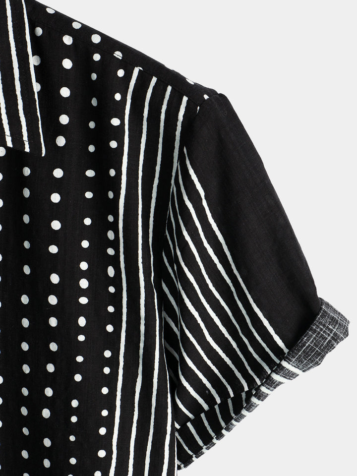 Chemise à manches courtes boutonnée rétro noire à rayures et à pois pour hommes