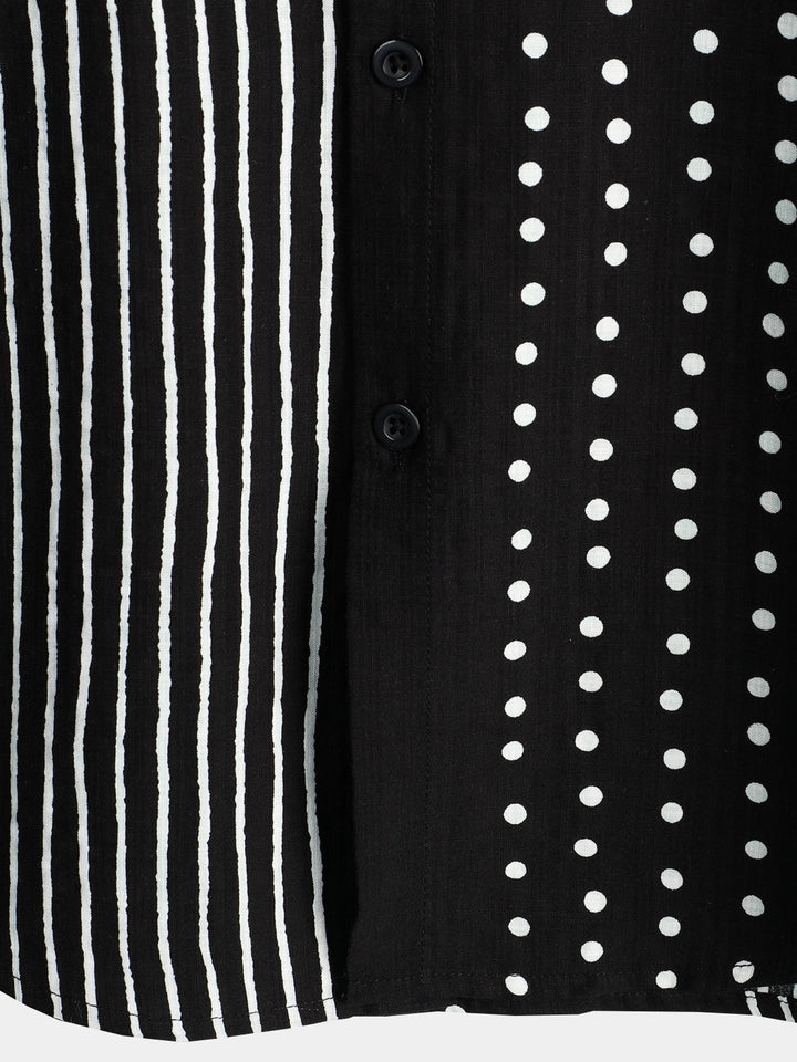 Chemise à manches courtes boutonnée rétro noire à rayures et à pois pour hommes
