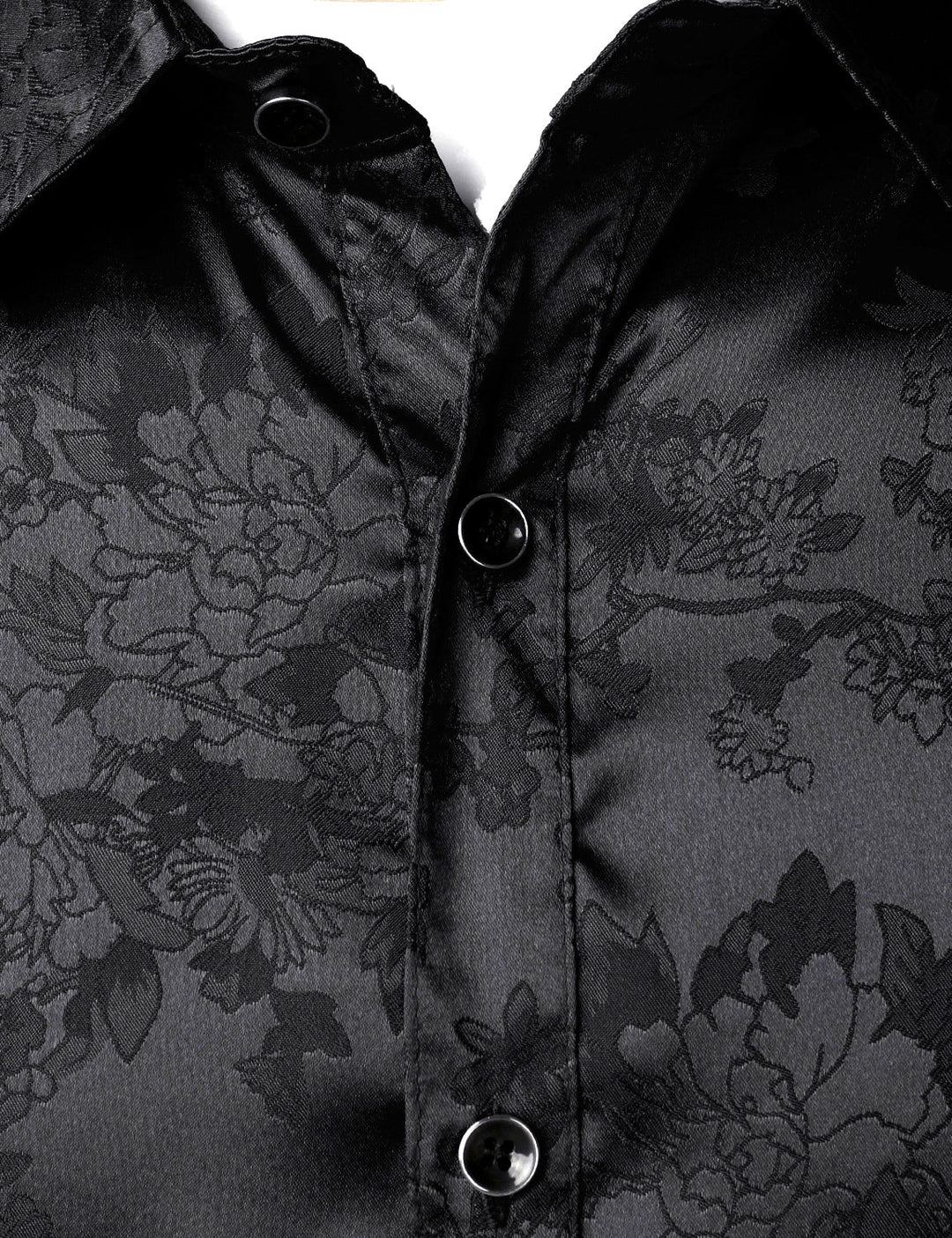Chemise boutonnée à manches longues en satin brillant et jacquard floral noir pour homme