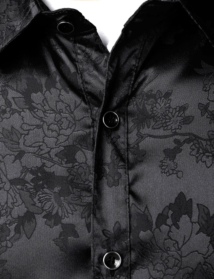 Chemise boutonnée à manches longues en satin brillant et jacquard floral noir pour homme