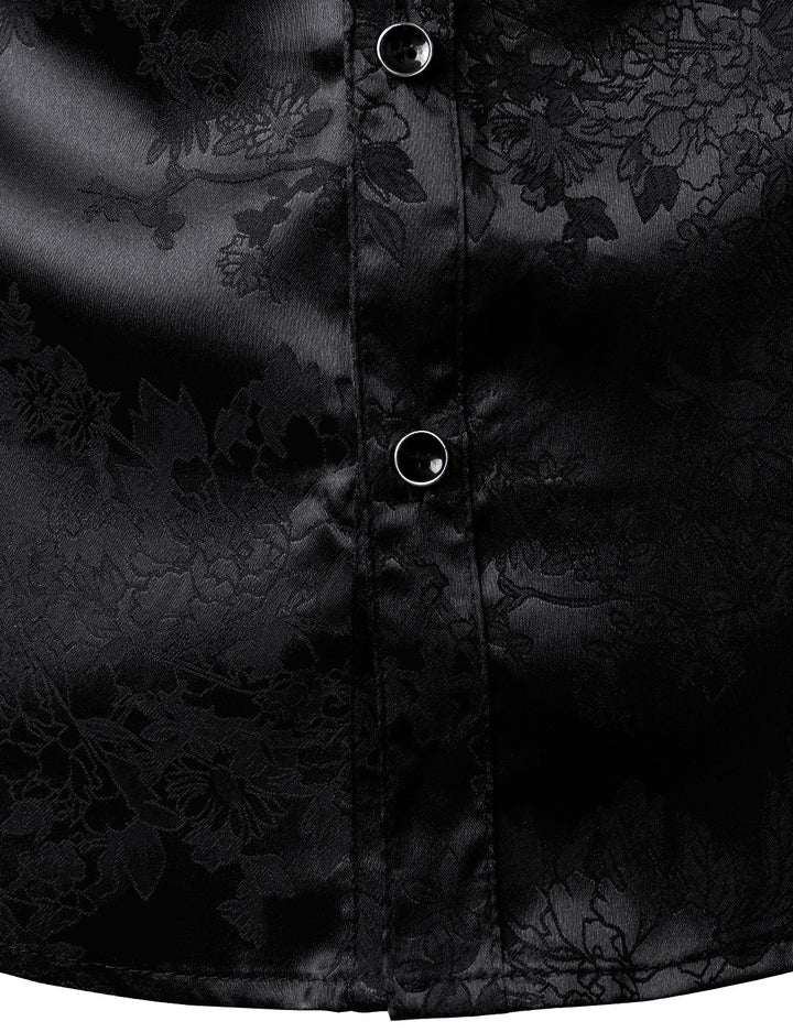 Chemise boutonnée à manches longues en satin brillant et jacquard floral noir pour homme