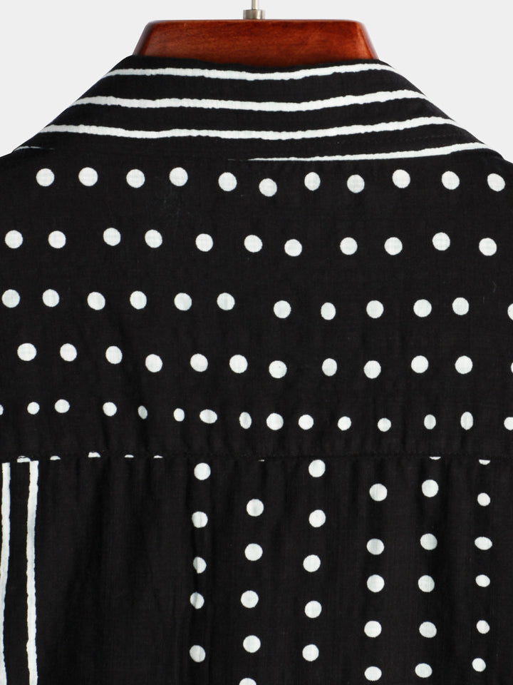 Chemise à manches courtes boutonnée rétro noire à rayures et à pois pour hommes