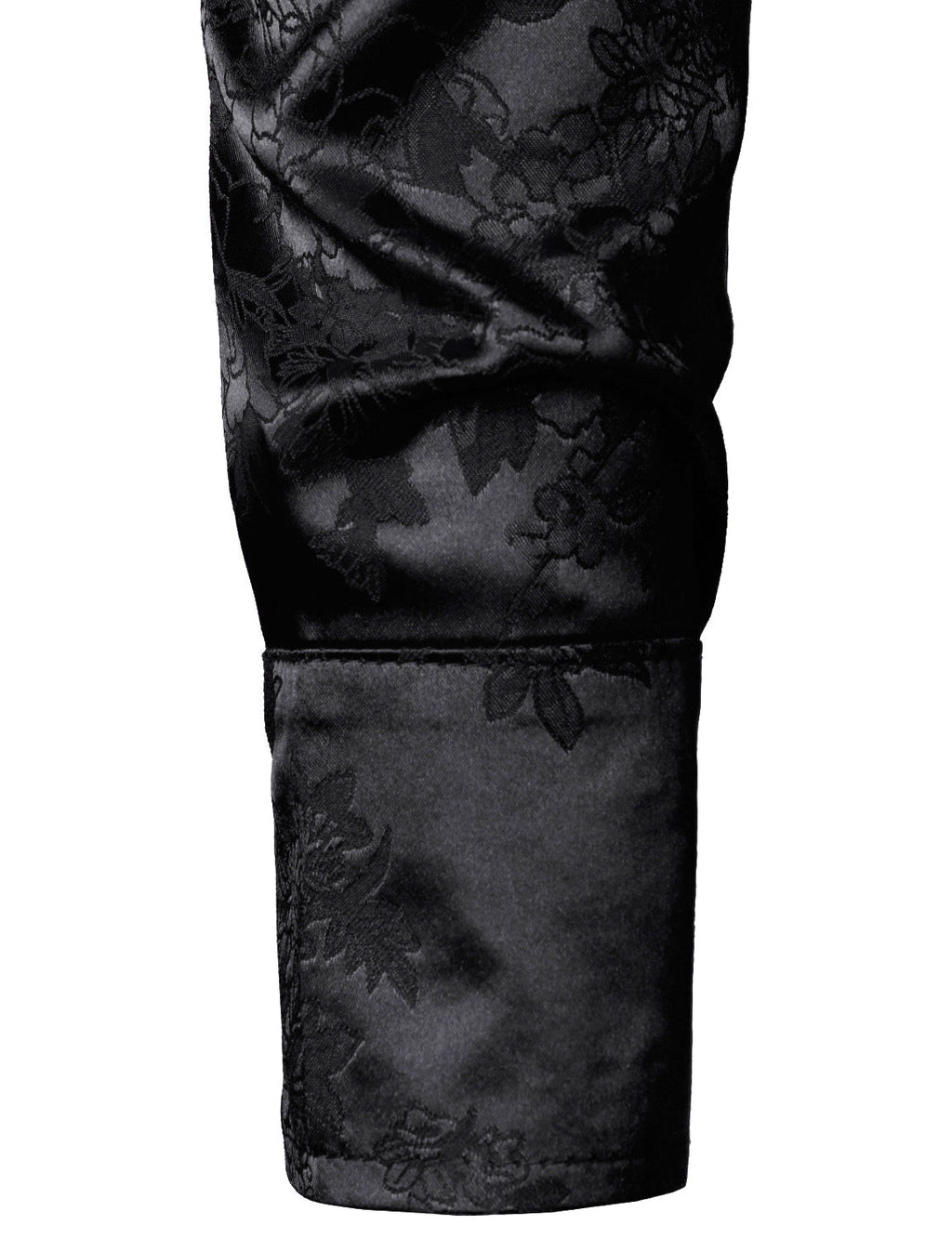 Chemise boutonnée à manches longues en satin brillant et jacquard floral noir pour homme