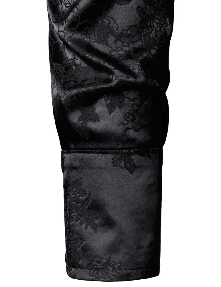 Chemise boutonnée à manches longues en satin brillant et jacquard floral noir pour homme