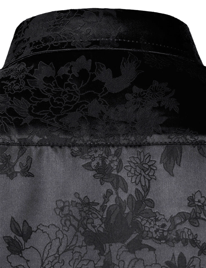 Chemise boutonnée à manches longues en satin brillant et jacquard floral noir pour homme