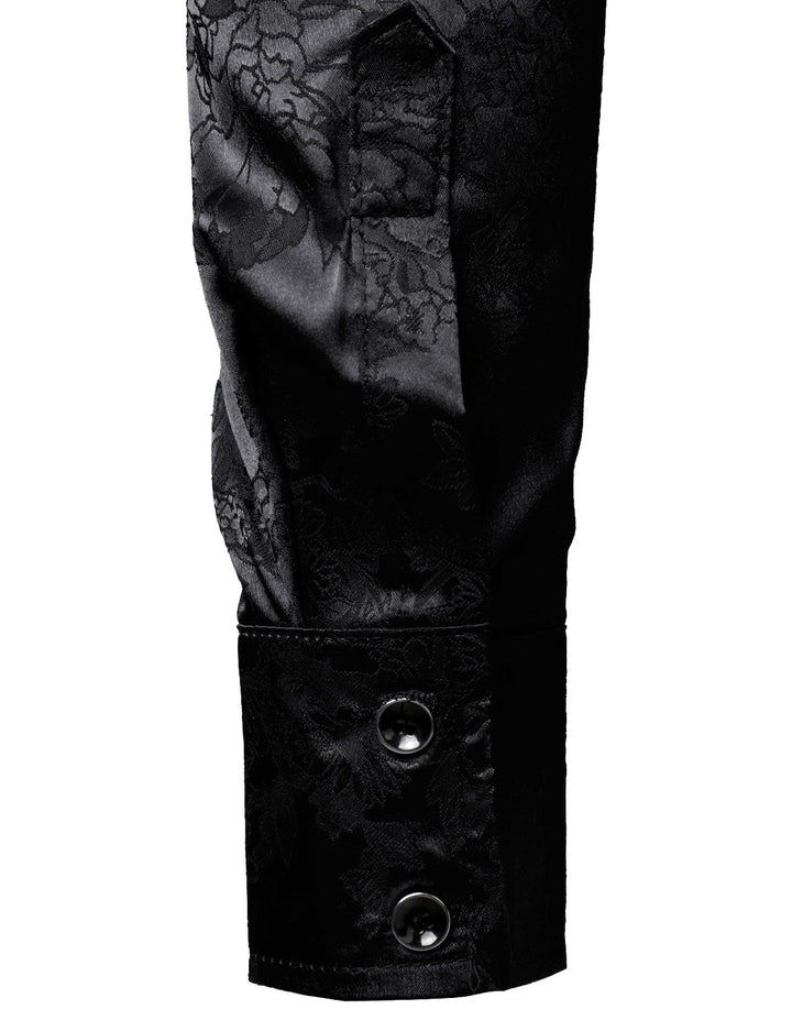 Chemise boutonnée à manches longues en satin brillant et jacquard floral noir pour homme