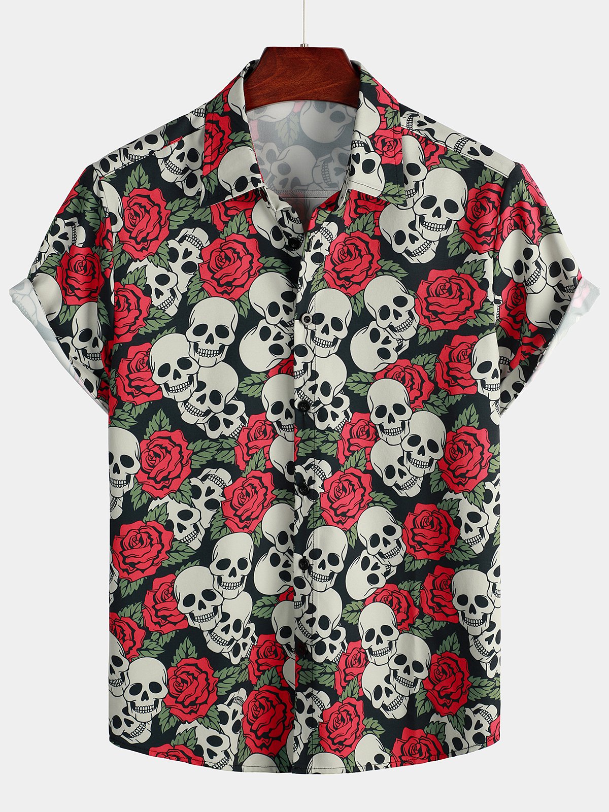 Chemise à Manches Courtes avec Imprimé de Crâne et Rose pour Homme