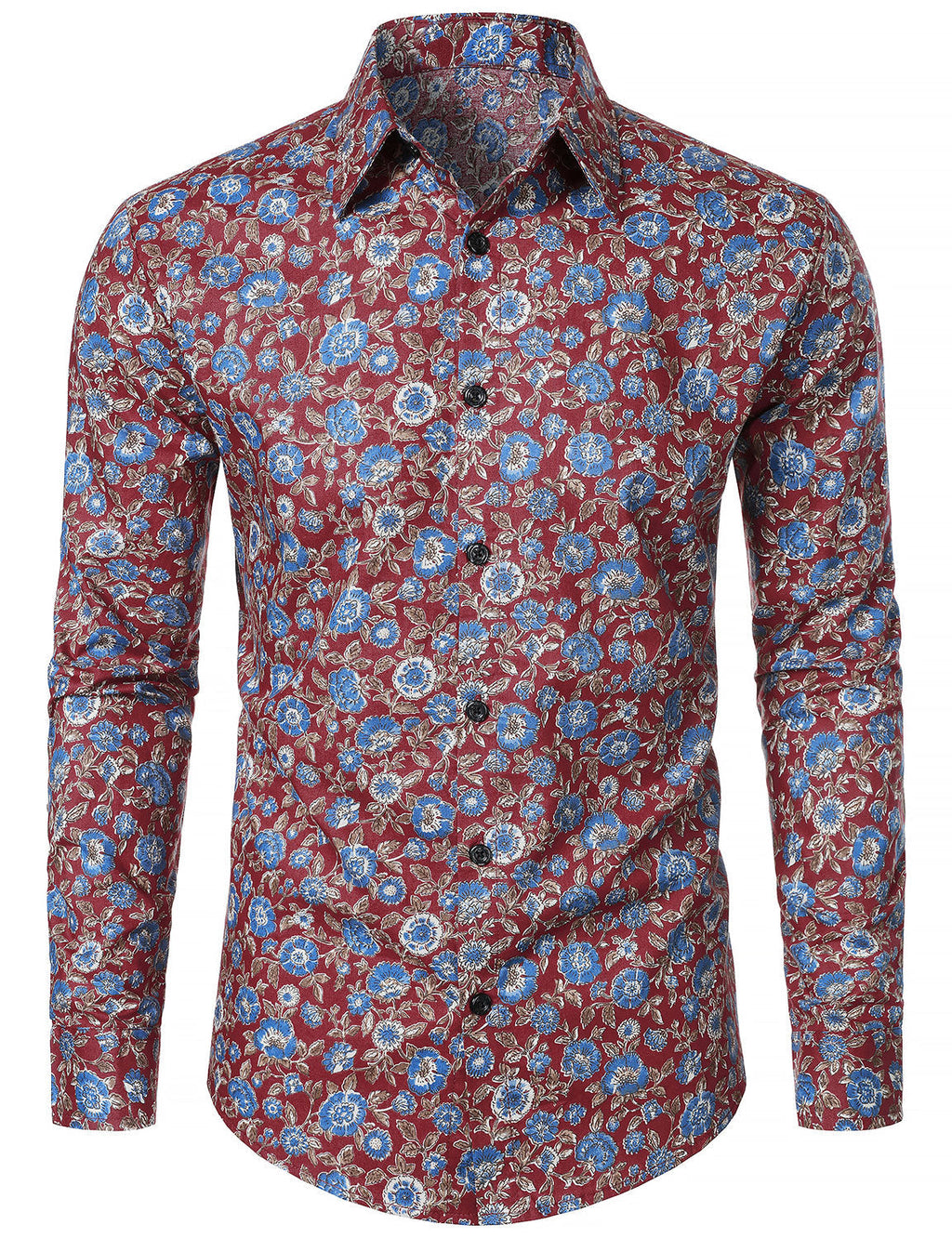 Chemise à manches longues rouge en coton respirant à imprimé floral des années 70 pour homme