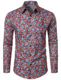 Chemise à manches longues rouge en coton respirant à imprimé floral des années 70 pour homme