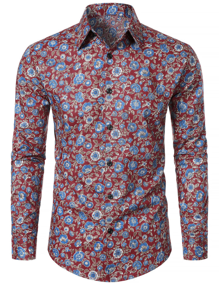 Chemise à manches longues rouge en coton respirant à imprimé floral des années 70 pour homme