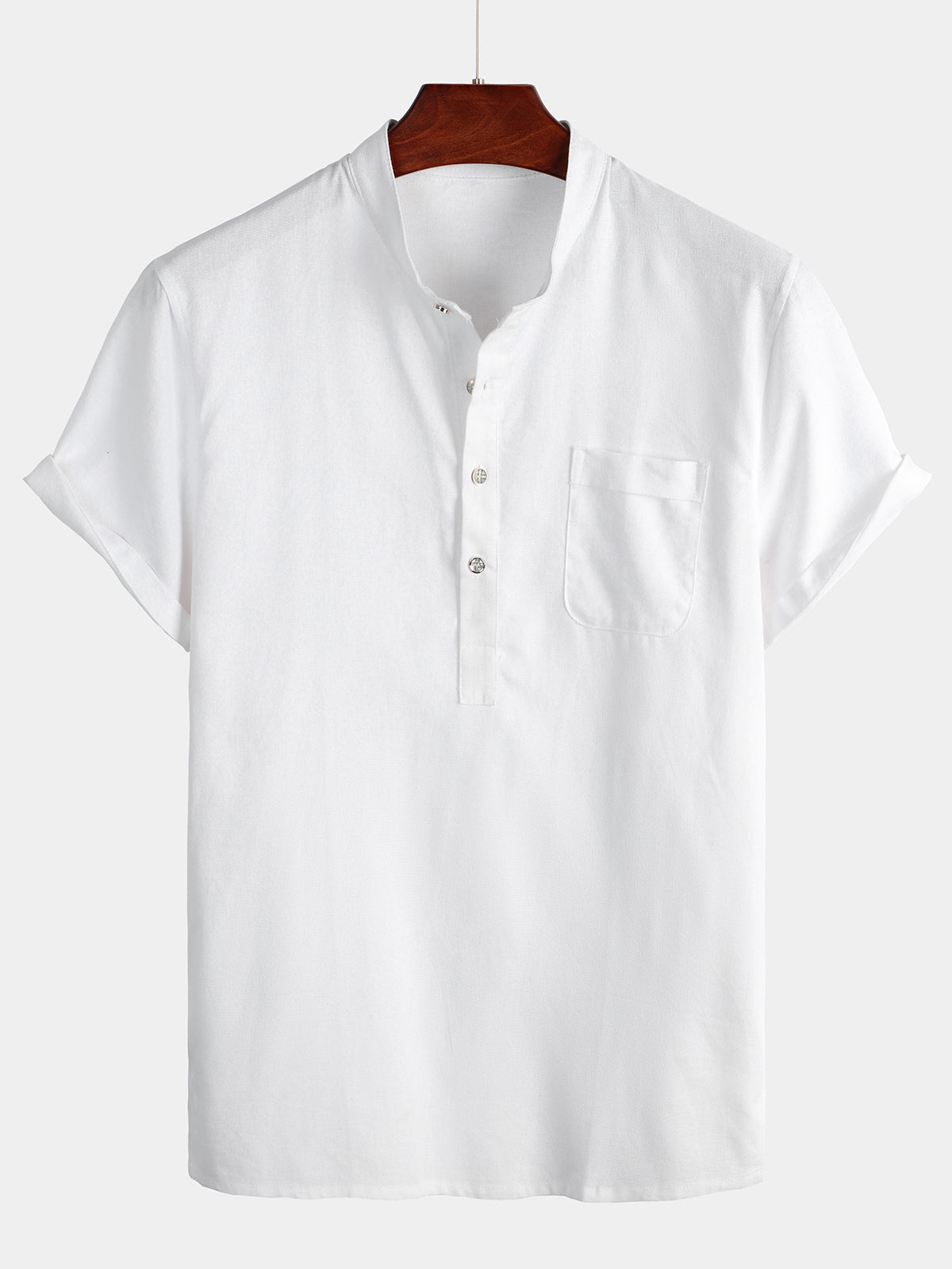 Chemise pour Homme en Couleur Unie avec Col Haut et Bouton Semi-Ouvert, avec Poche Frontale
