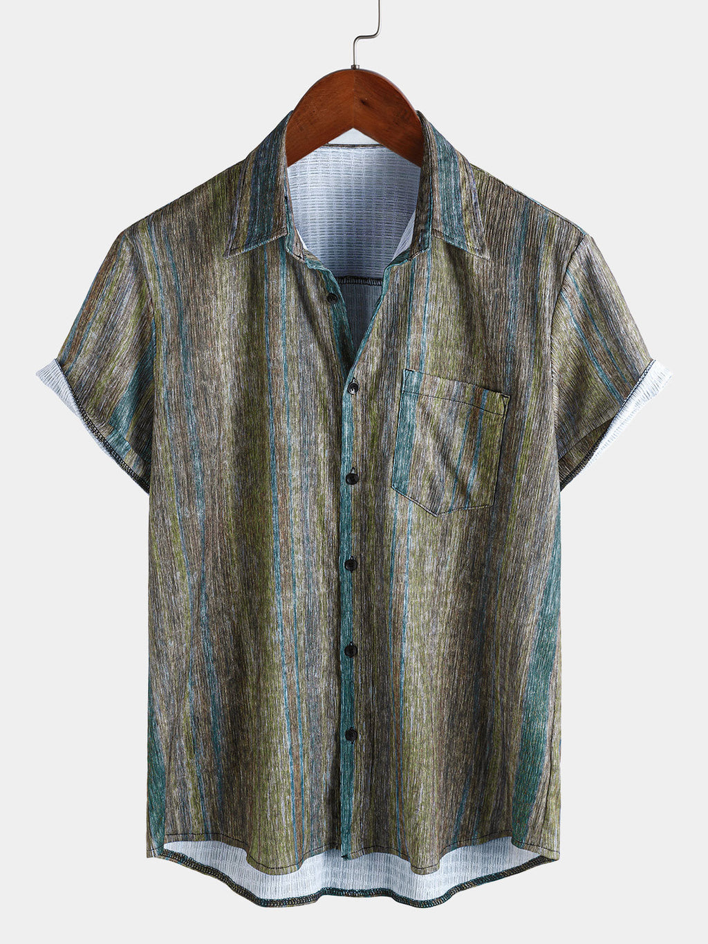 Chemise Hawaïenne Vintage Verte à Rayures pour Homme à Manches Courtes avec Boutons