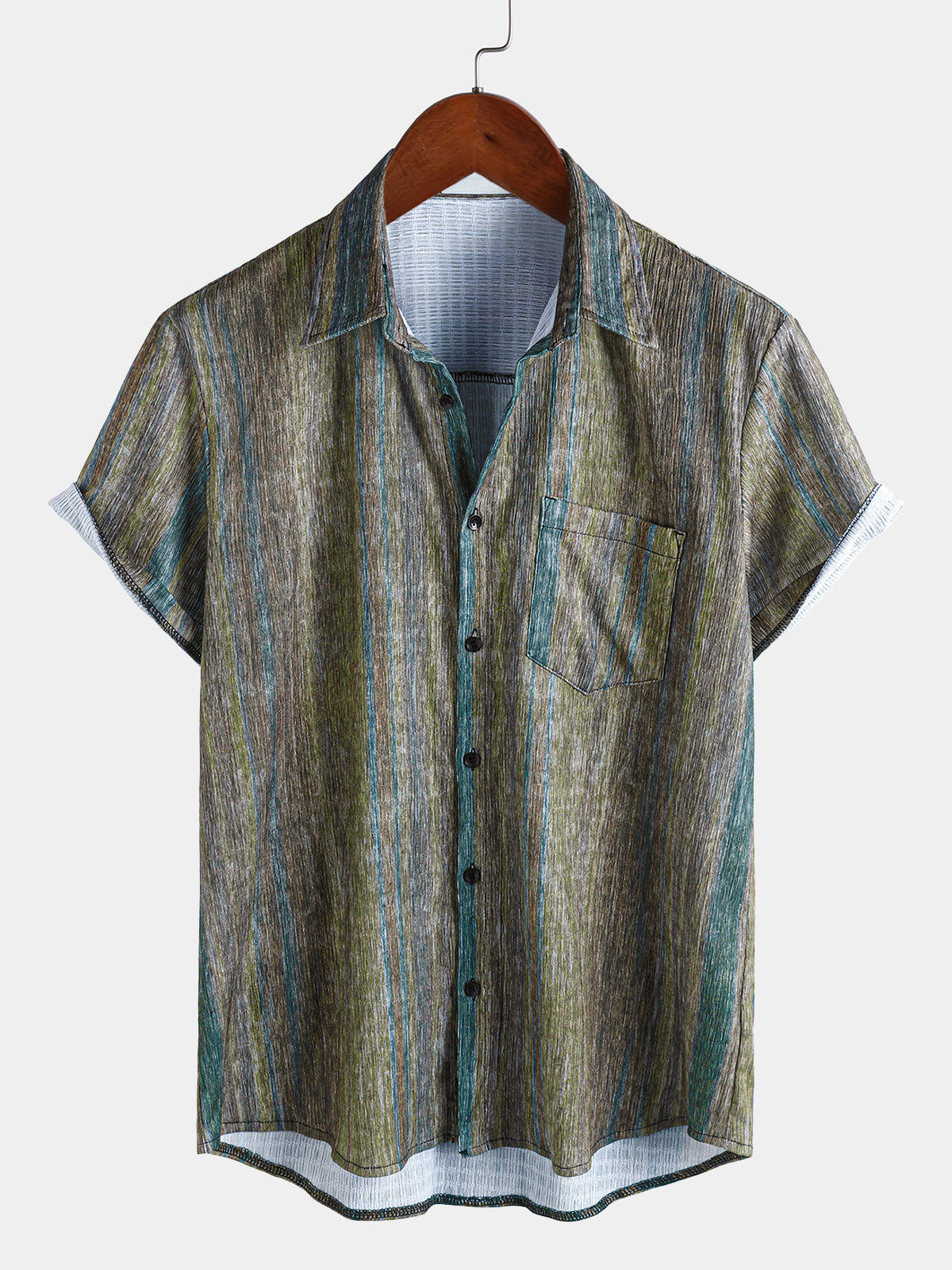 Chemise Hawaïenne Vintage Verte à Rayures pour Homme à Manches Courtes avec Boutons