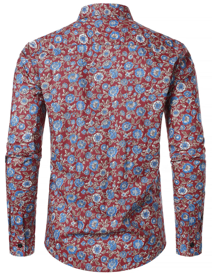 Chemise à manches longues rouge en coton respirant à imprimé floral des années 70 pour homme