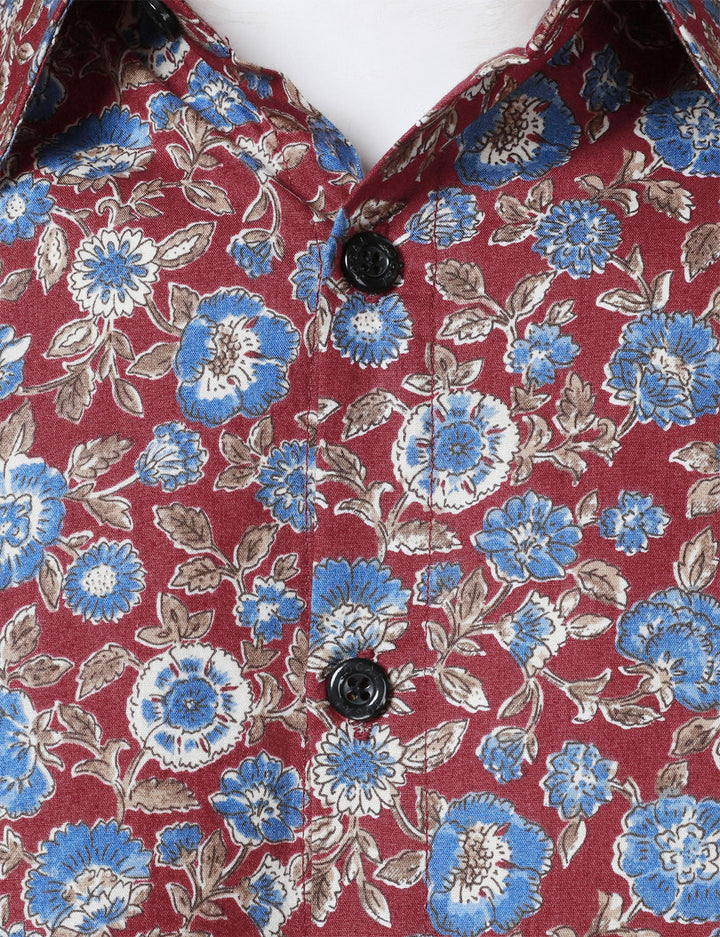 Chemise à manches longues rouge en coton respirant à imprimé floral des années 70 pour homme