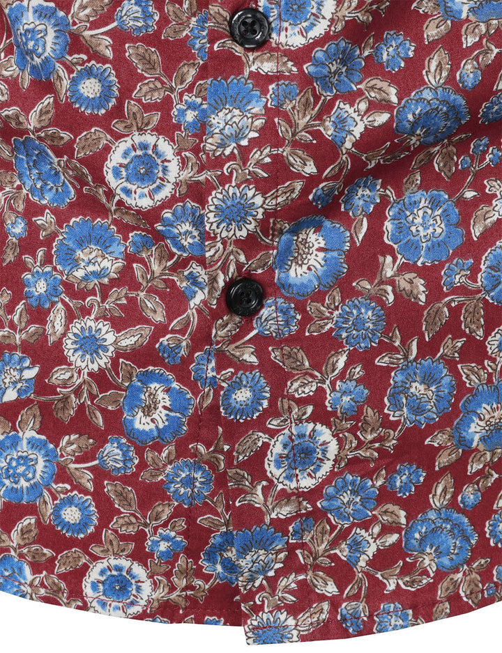 Chemise à manches longues rouge en coton respirant à imprimé floral des années 70 pour homme