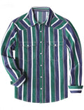 Chemise en jean à rayures vertes style western, manches longues, boutons-pression nacrés