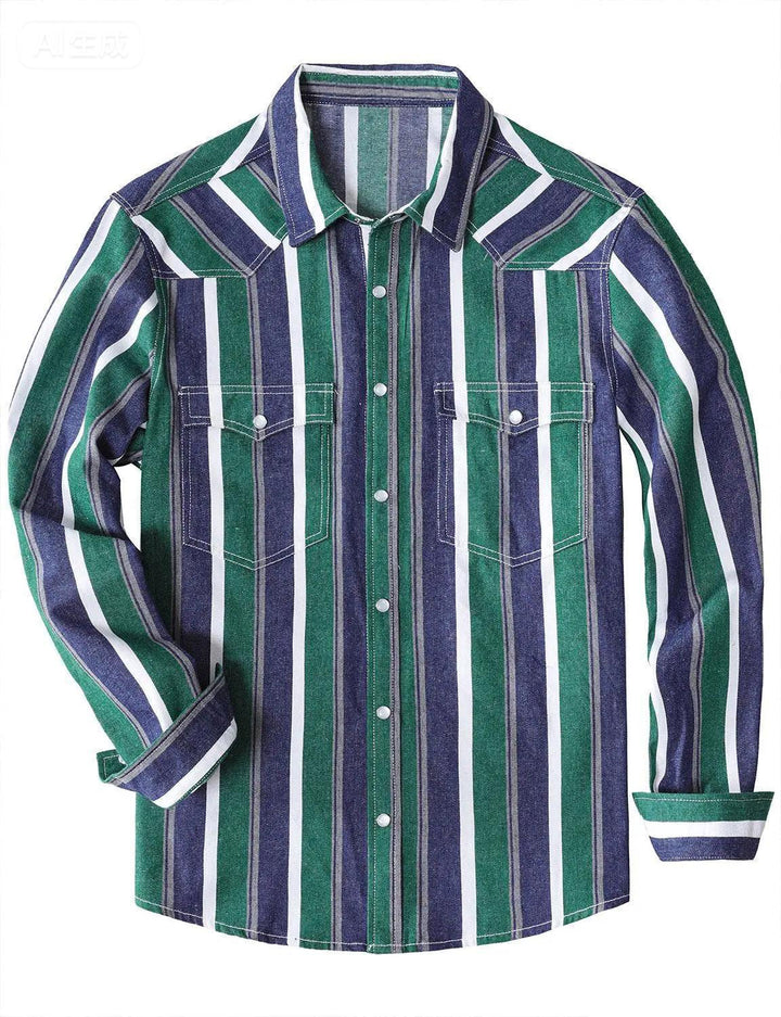 Chemise en jean à rayures vertes style western, manches longues, boutons-pression nacrés
