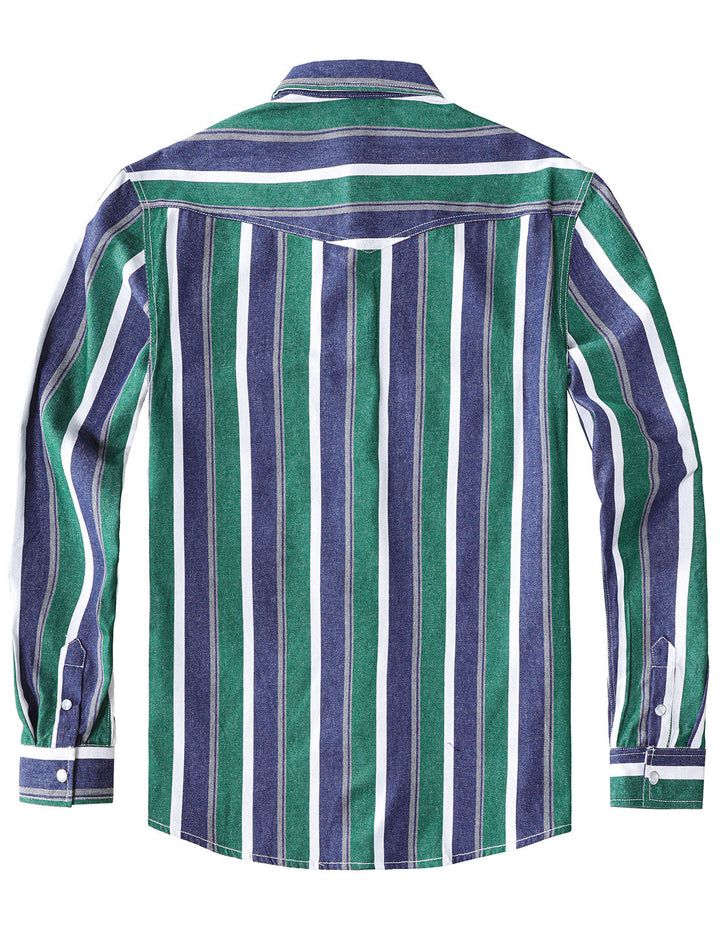 Chemise en jean à rayures vertes style western, manches longues, boutons-pression nacrés
