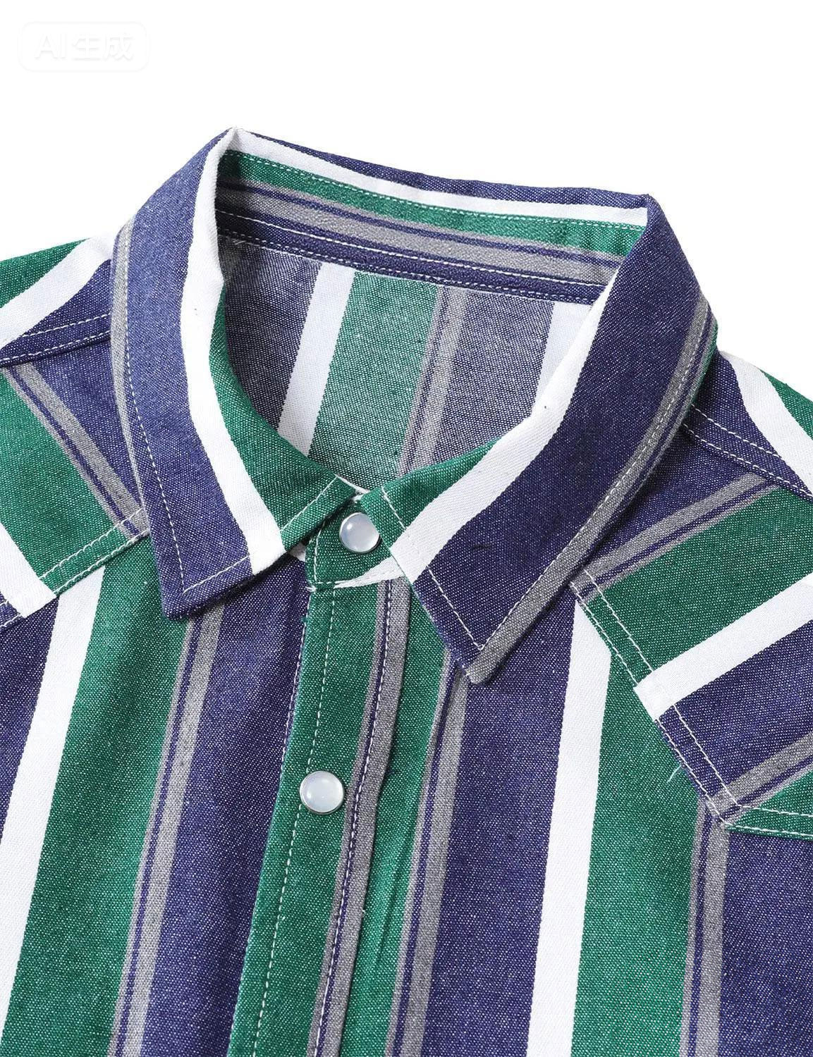Chemise en jean à rayures vertes style western, manches longues, boutons-pression nacrés