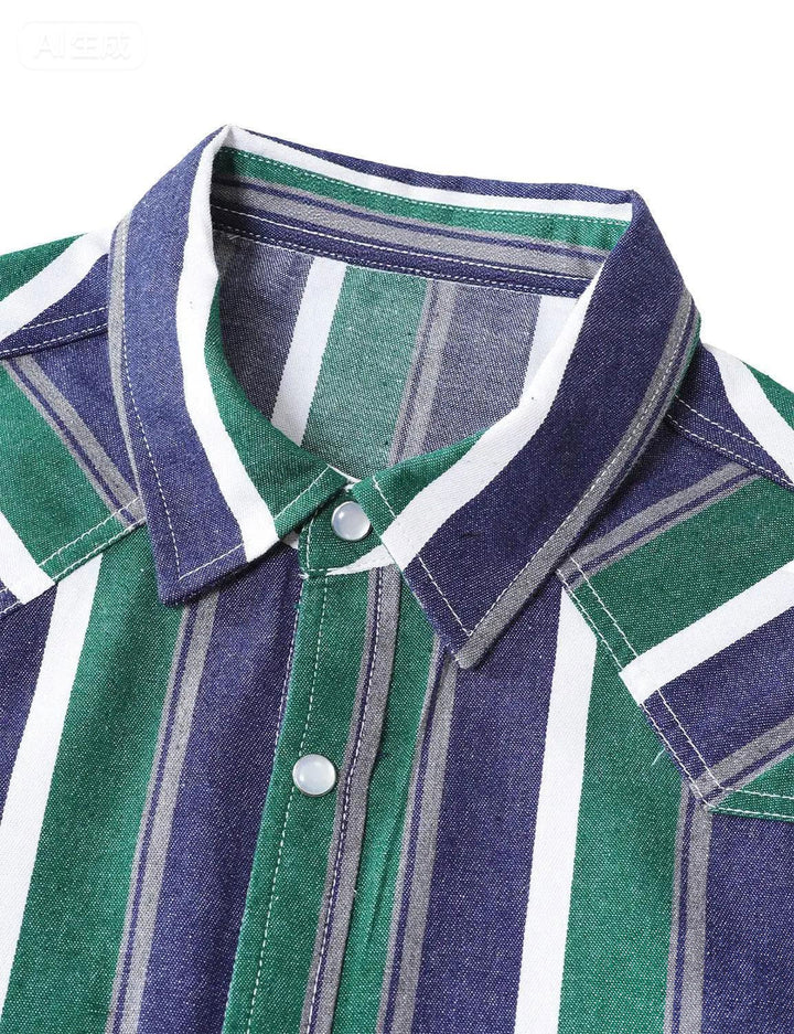 Chemise en jean à rayures vertes style western, manches longues, boutons-pression nacrés