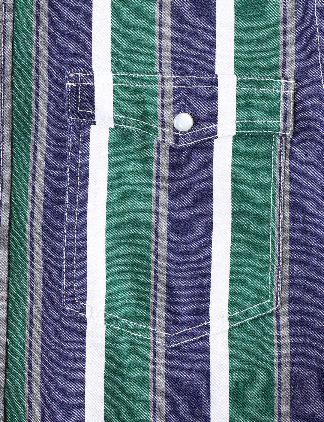 Chemise en jean à rayures vertes style western, manches longues, boutons-pression nacrés