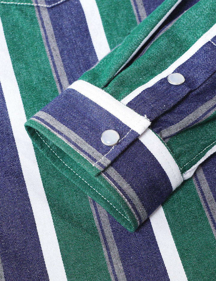 Chemise en jean à rayures vertes style western, manches longues, boutons-pression nacrés