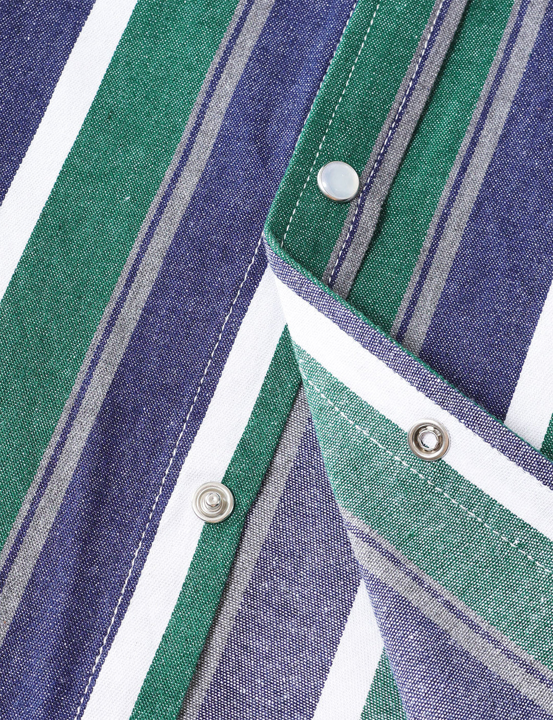 Chemise en jean à rayures vertes style western, manches longues, boutons-pression nacrés