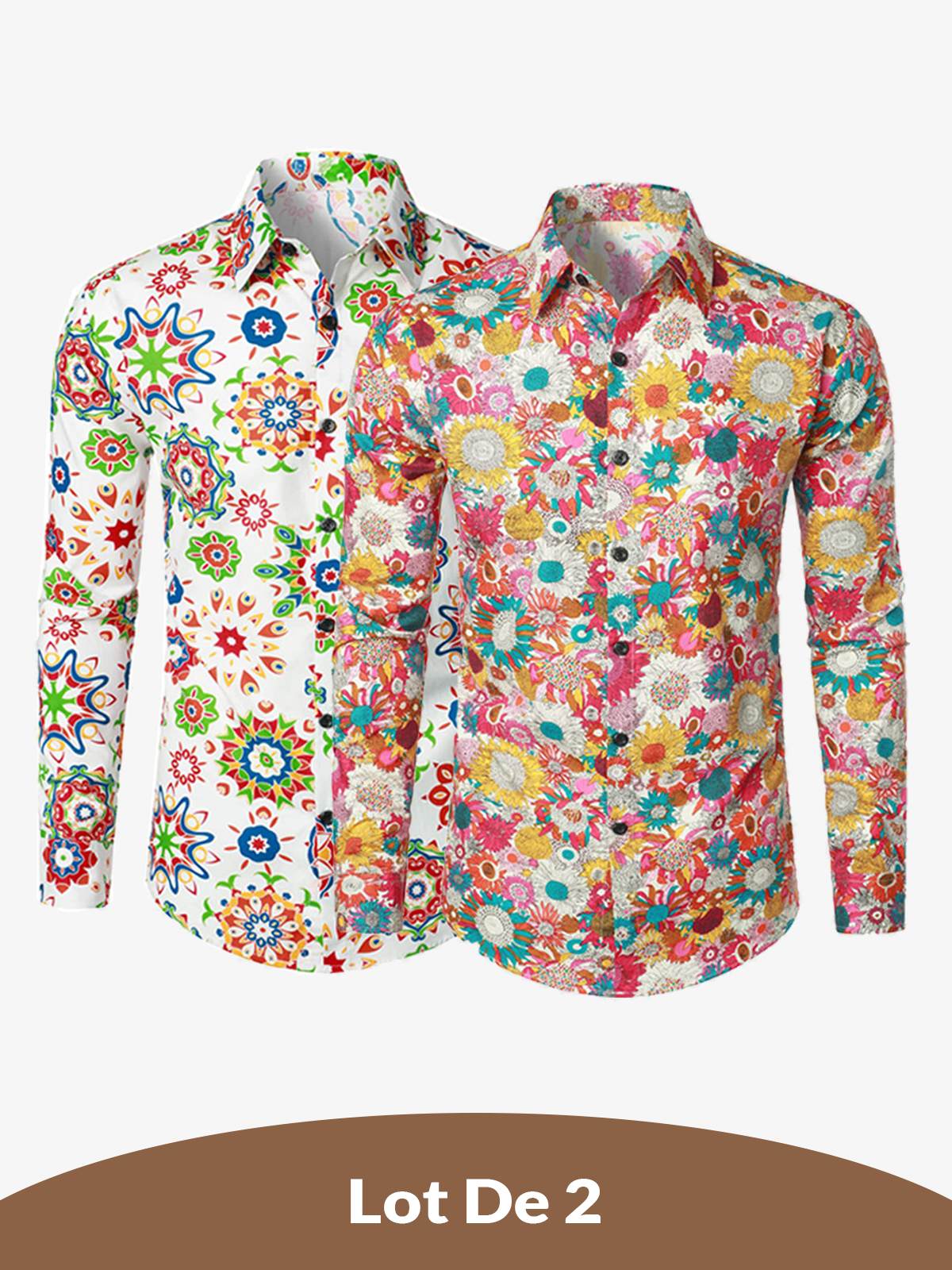 Lot de 2 |Chemise habillée à manches longues boutonnée en coton floral respirant pour hommes