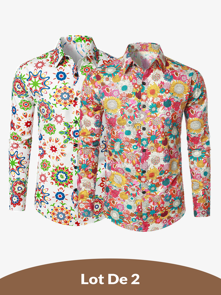 Lot de 2 |Chemise habillée à manches longues boutonnée en coton floral respirant pour hommes