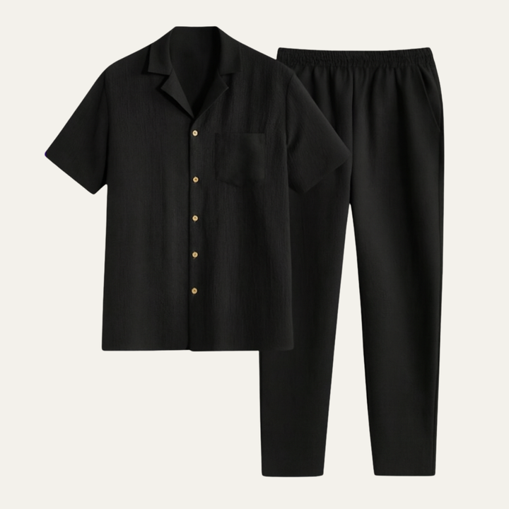 La Chemise à Manches Courtes Boutonnée pour Hommes Bordeaux &amp; Pantalons à Taille Élastique – Tenue Décontractée de Plage