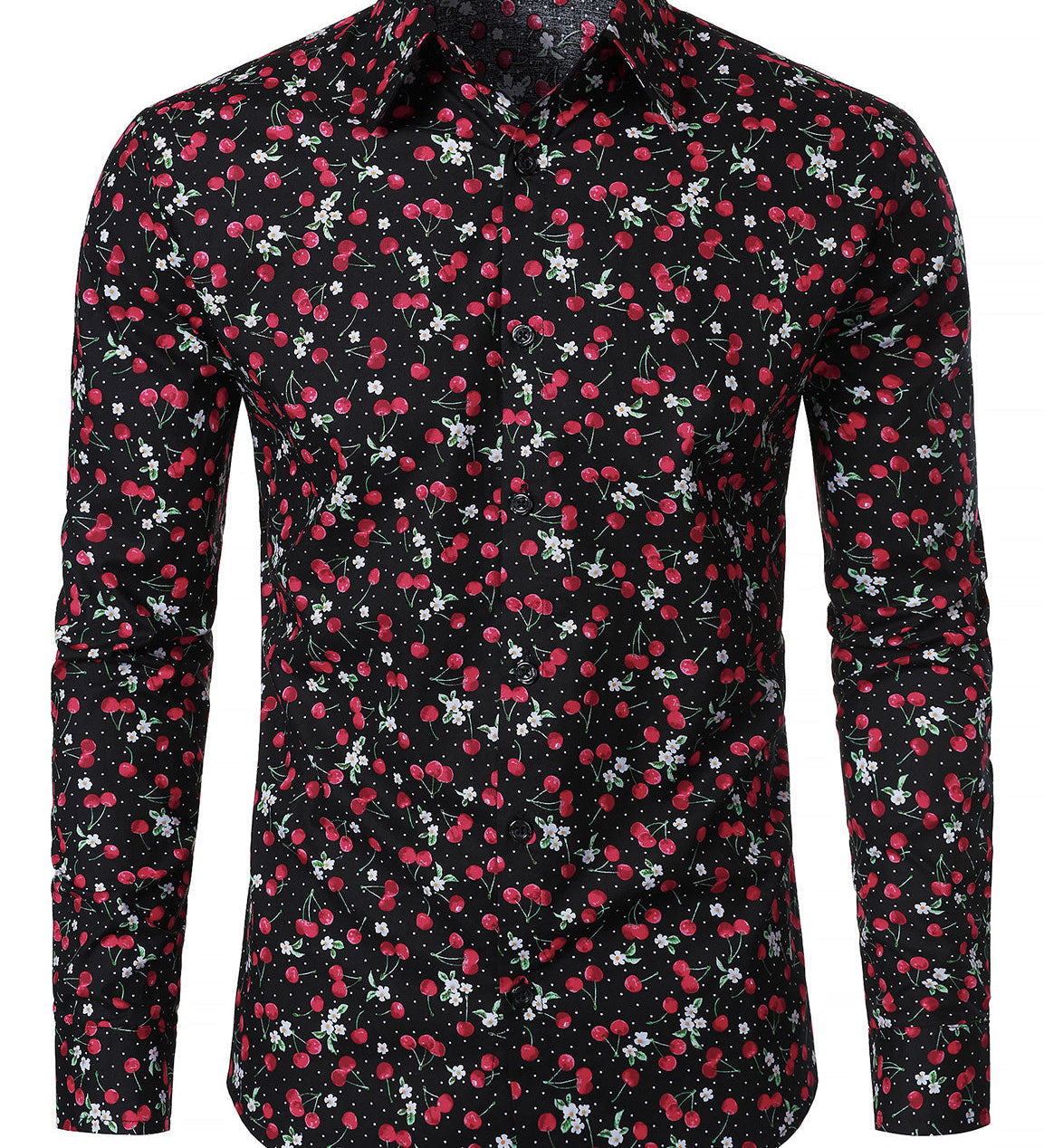 Chemise à manches longues en coton respirant à imprimé cerises pour homme, noire
