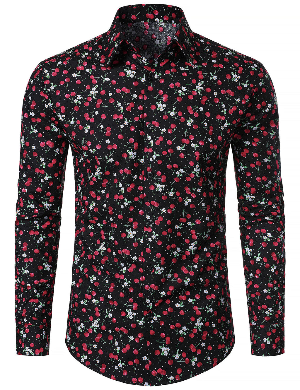 Chemise à manches longues en coton respirant à imprimé cerises pour homme, noire