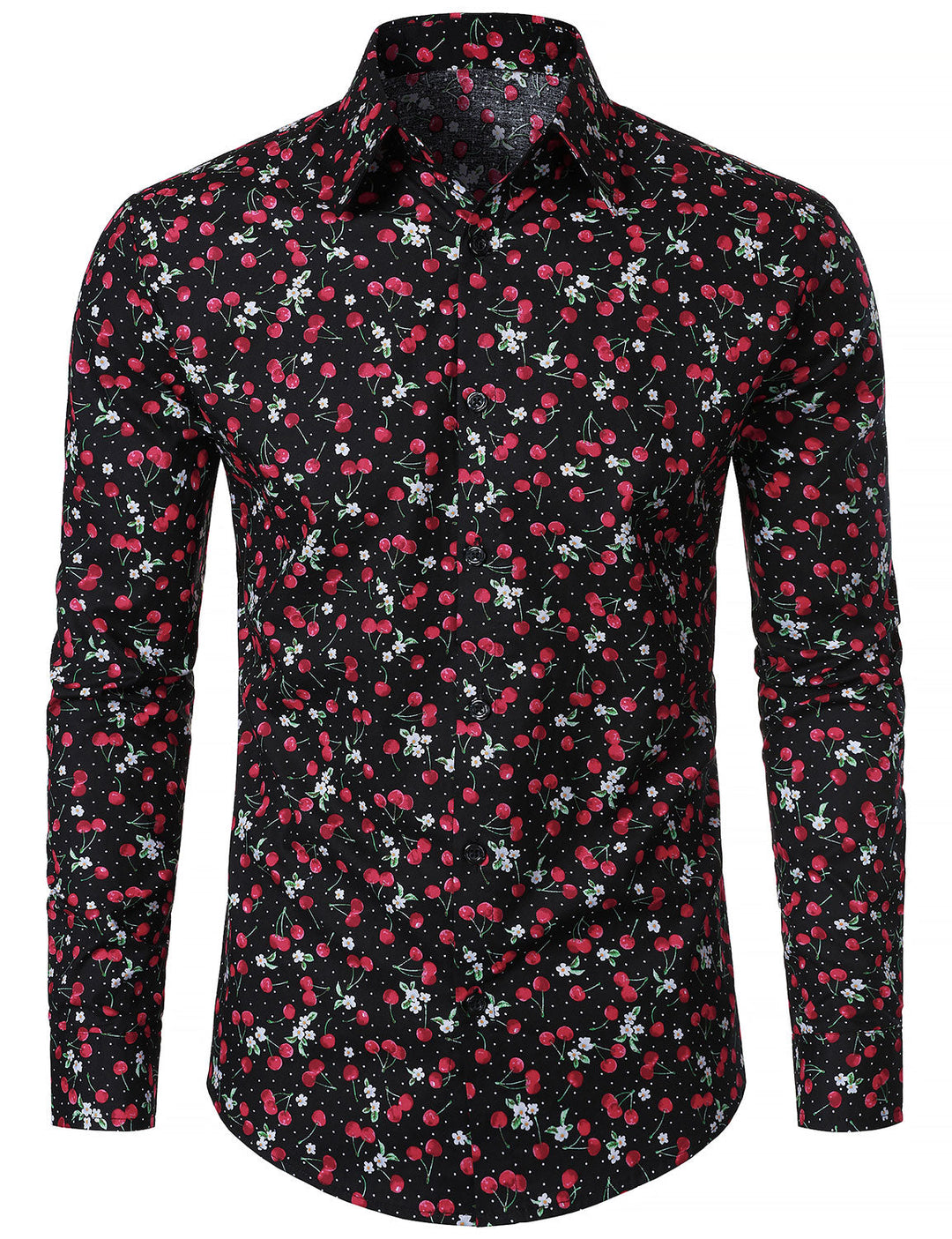 Chemise à manches longues en coton respirant à imprimé cerises pour homme, noire