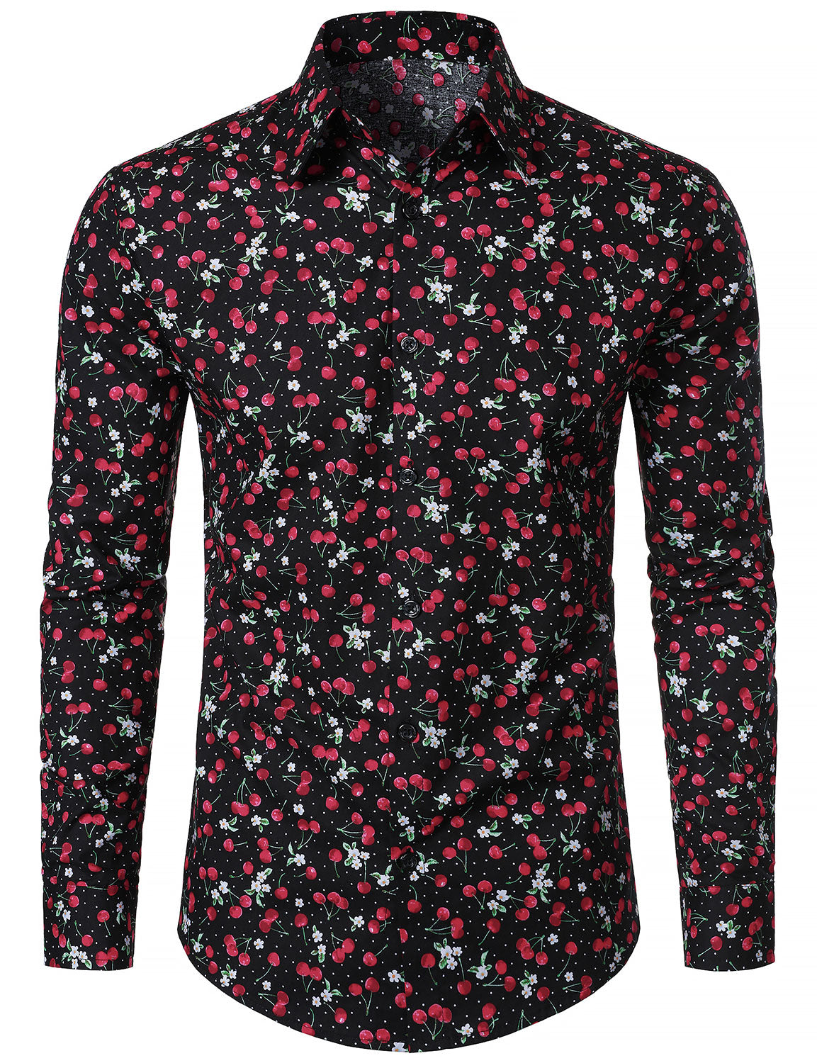 Chemise à manches longues en coton respirant à imprimé cerises pour homme, noire