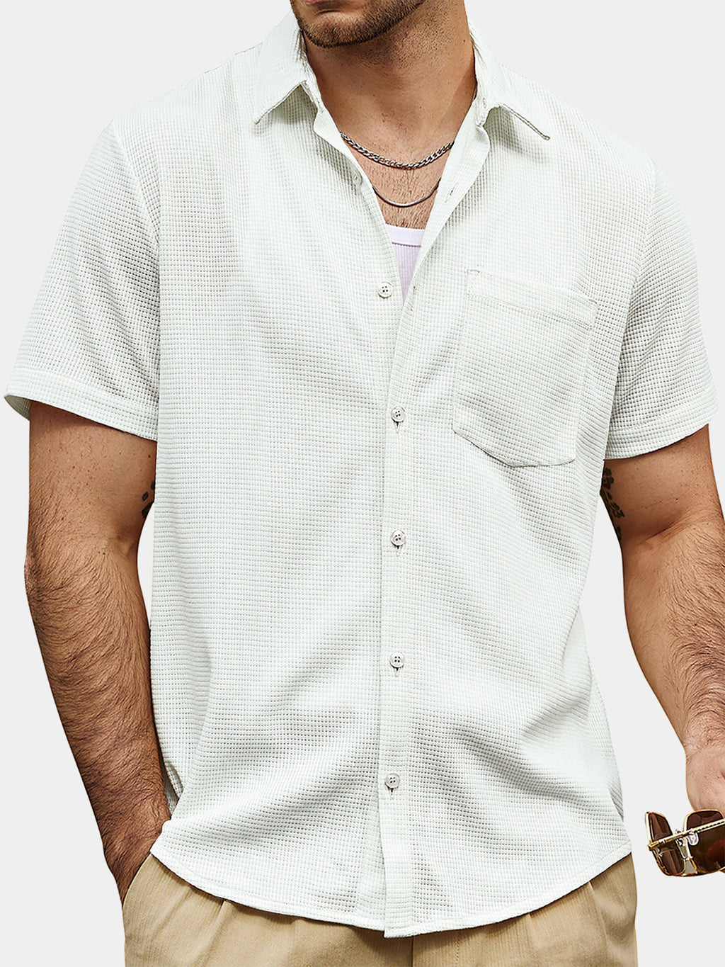 Chemise d'été décontractée à manches courtes pour homme, motif gaufré, idéale pour la plage