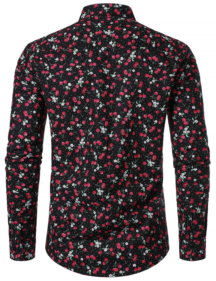 Chemise à manches longues en coton respirant à imprimé cerises pour homme, noire