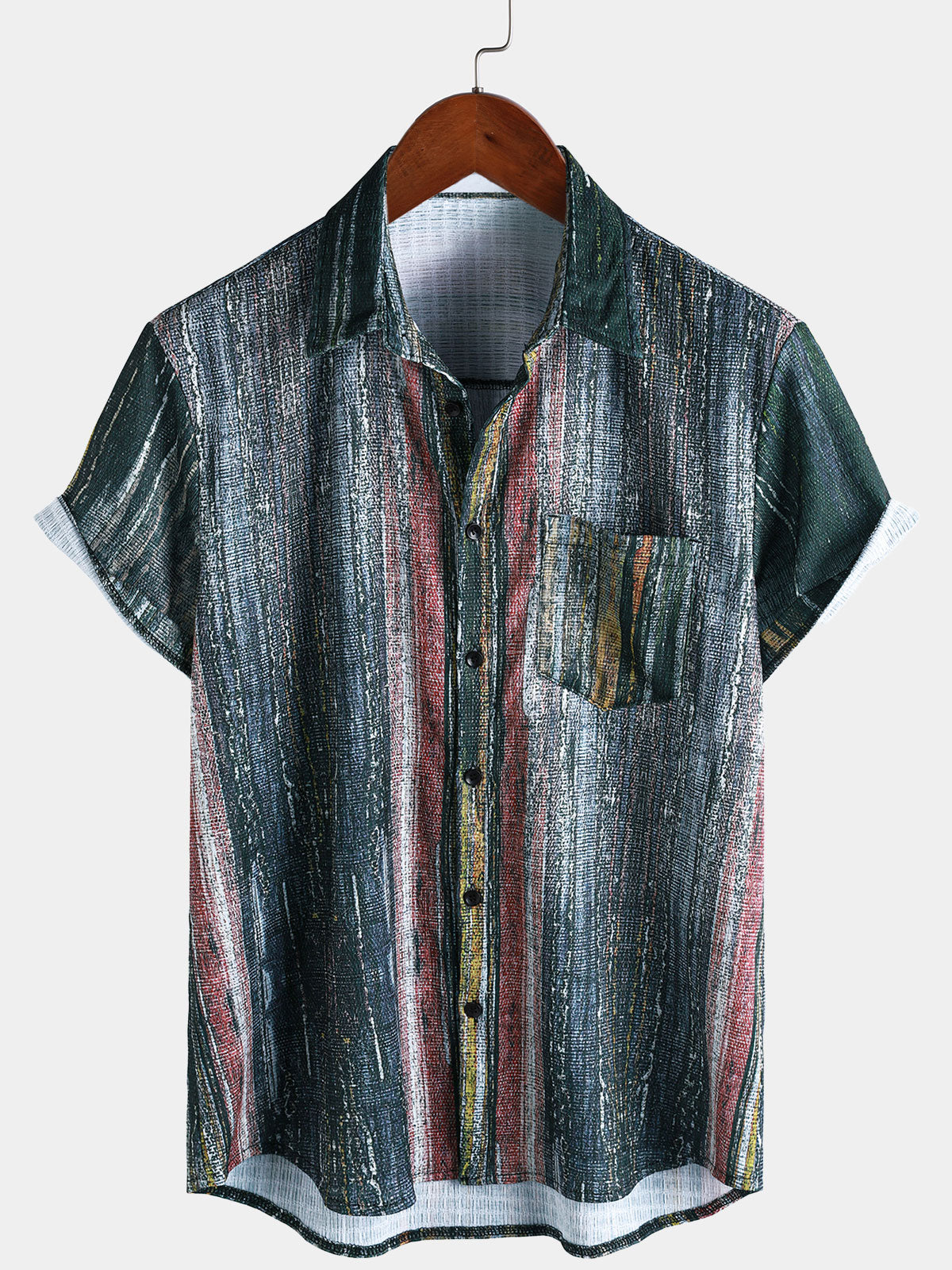 Chemise Hawaïenne Homme Verte Vintage à Rayures à Manches Courtes avec Boutons