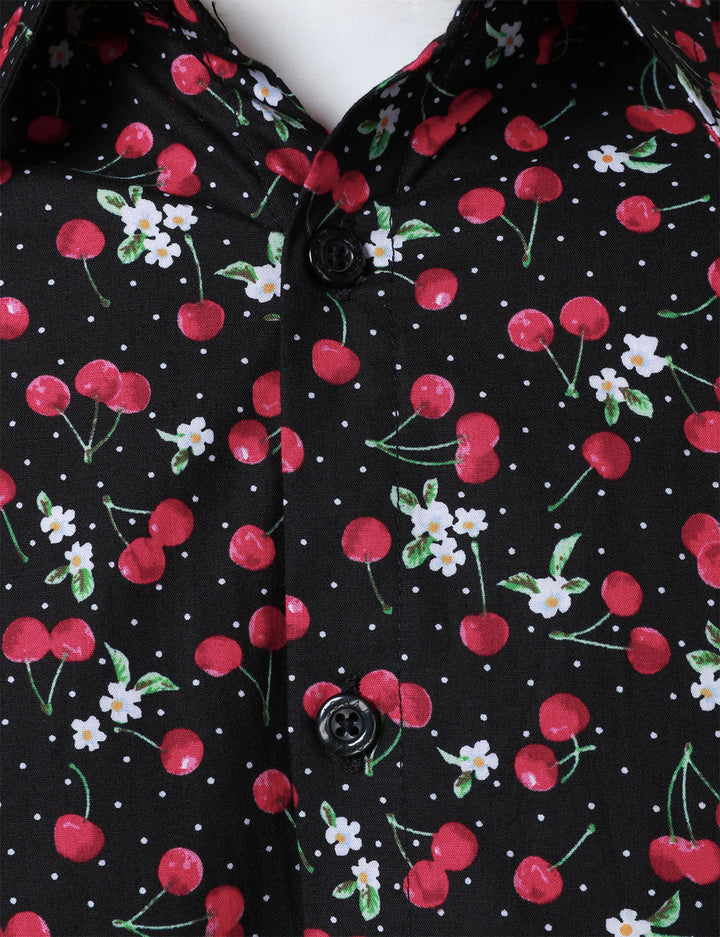 Chemise à manches longues en coton respirant à imprimé cerises pour homme, noire