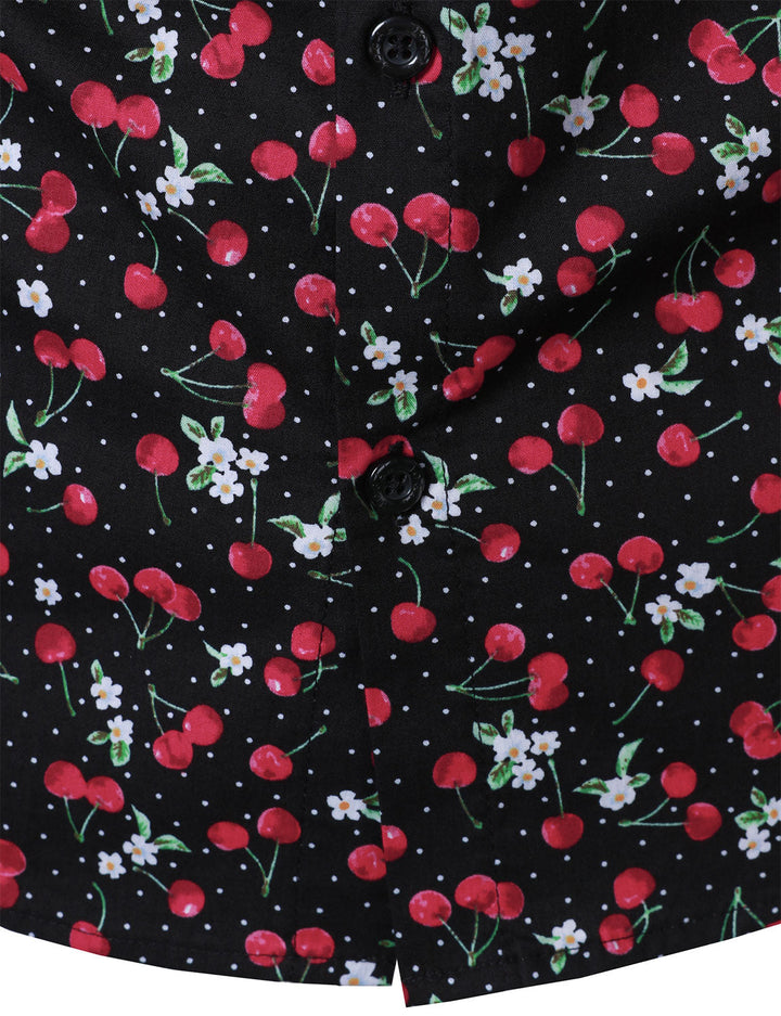 Chemise à manches longues en coton respirant à imprimé cerises pour homme, noire