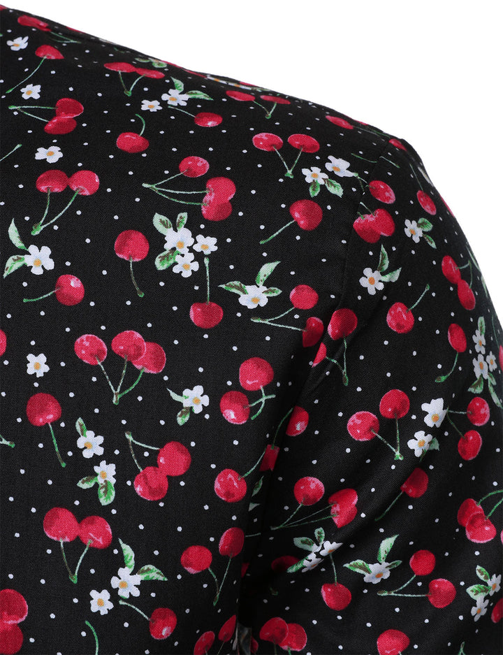 Chemise à manches longues en coton respirant à imprimé cerises pour homme, noire